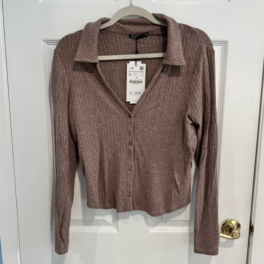 Zara Women's Ribbed Button-Up Shirt - Brown